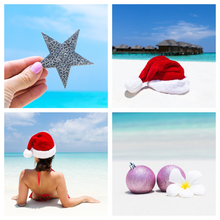 Tropical Maldives New Year collage, Santa Claus enjoying exotic vacation on sandy beach, Christmas holiday cardの写真素材