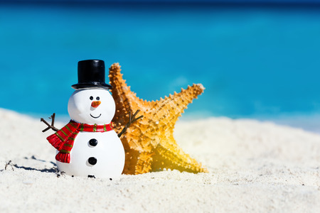 Tropical Christmas greeting card, decorative snowman with star fish on sandy beach, sea view with copy spaceの写真素材