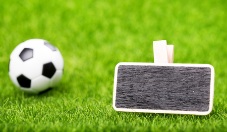 Soccer ball and mockup board on green grass, closeupの写真素材