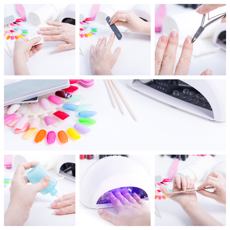 Collage with gel nail procedure - Woman doing manicureの写真素材
