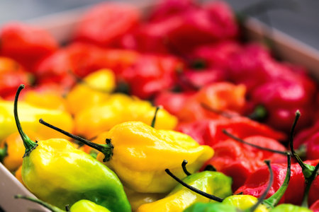 Hot peppers layered in row from red to green with a gradient, creative color of colorful mix food background, nobodyの写真素材