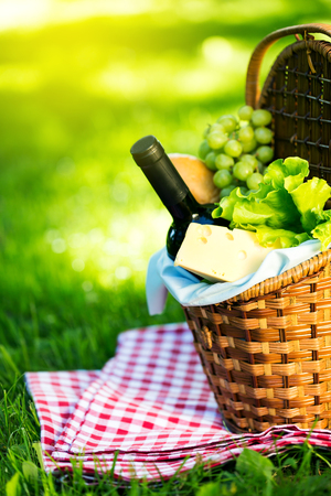 Wicker picnic basket with cheese and wine on red checkered table cloth on green grass outside in summer park, no peopleの写真素材