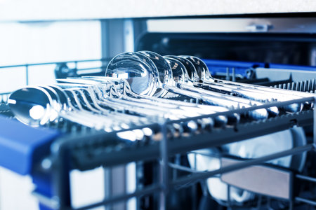 Dishwasher with cutlery on shelf with opened door, home appliance dishwashing machine in kitchen...