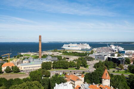 TALLINN, ESTONIA - SEPTEMBER 4, 2017: Aerial panoramic view of Tallinn old town city center and port with cruise ships at sunny day.のeditorial素材