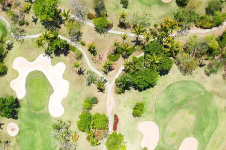 Aerial view from drone on golf field, nobodyの写真素材