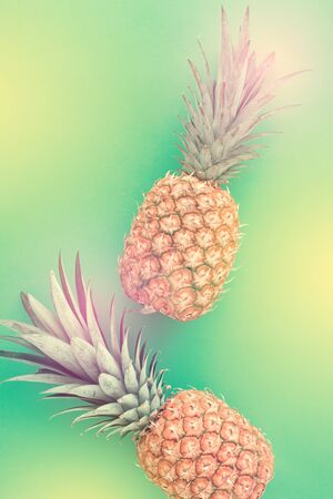 Summer tropical fruit composition. Tasty pineapples on color background, creative art concept flat lay.の写真素材