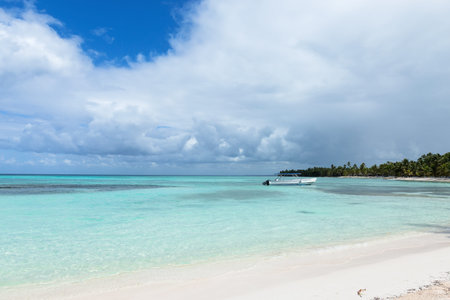 Caribbean sea with boat. Vacation holidays summer background 