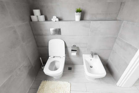 White ceramic bidet and toilet at luxury bathroom, nobodyの写真素材