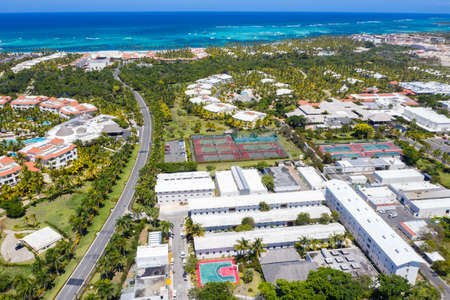 Aerial view frome drone on caribbean city near tropical beach. Summer vacations. Travel destinationsの写真素材