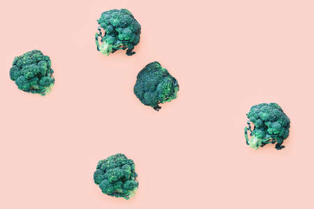 Fresh green broccoli on paper pink background. Organic summer vegetables for diet food concept, flat lay and creative colorの写真素材