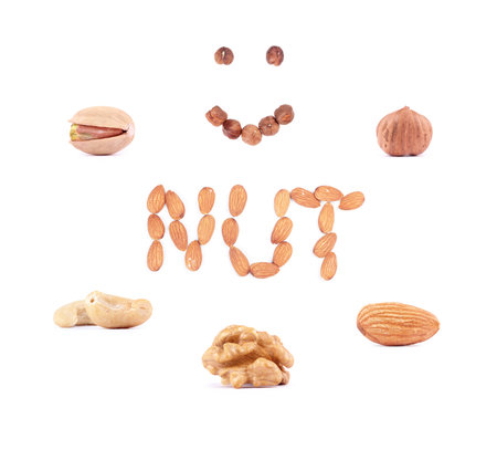 Different nuts isolated on white background. Long bannerの写真素材