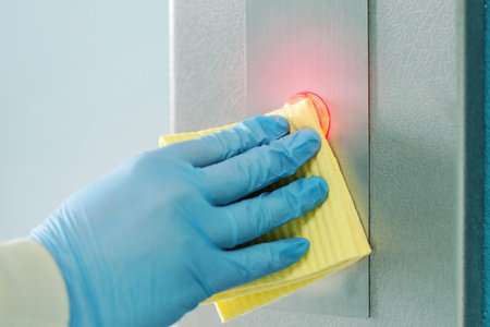 Cleaning and sanitizing an elevator push button control panel against bacteria and virus. Infection...