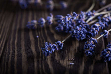 Dry lavender sprigs on wooden background, aromatherapy and aroma fragrance for home interiorの写真素材