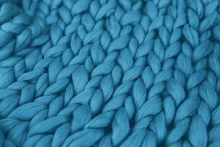Merino wool knitted plaid blue color texture, knitting handmade trendy home decorationの写真素材