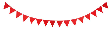 Red triangle flags hanging on white background. Christmas or birthday decoration. Long bannerの写真素材