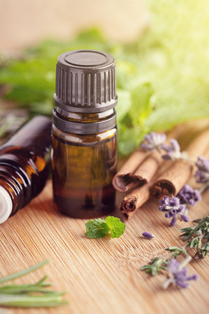 Alternative medicine. Natural immutity boosters and virus defeating herbal ingredients for healthy lifestyle. Essential oils for connection with nature.の写真素材