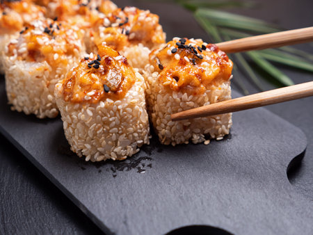 Take one Sushi roll with baked eel from black slate plate. One piece in chopsticks. Closeupの写真素材