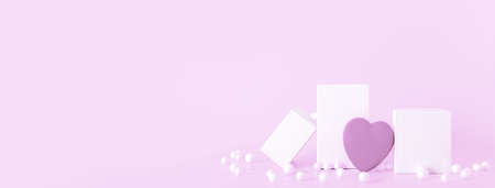 Happy Valentines Day greeting card. Podium presentation background with decoration heart shapes and copy space, long bannerの写真素材