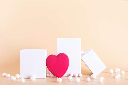 Happy Valentines Day greeting card. Podium presentation background with decoration heart shapes and copy space.の写真素材