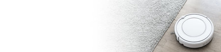 Robot vacuum cleaner cleaning laminate floor in room, nobody. Long banner