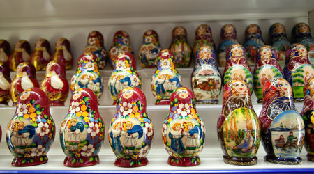 Moscow, Russia - 15 October 2012: Traditional Russian souvenirs Matryoshka on shelfs in souvenir...