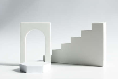 Different geometrical shapes with podium display for product presentaion, trendy minimal show caseの写真素材