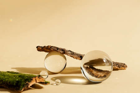 Astract backdrop with glass spheres and bark tree and moss podiums for organic cosmetics products on beige color background with sun reflectionsの写真素材