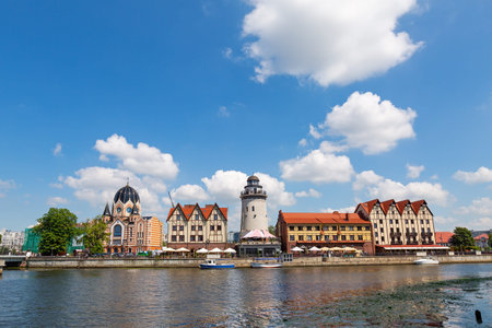 KALININGRAD, RUSSIA - July 7th, 2021: Koenigsberg city historical center with streets and Fishing...