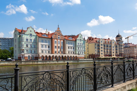 KALININGRAD, RUSSIA - July 7th, 2021: Koenigsberg city historical center with streets and Fishing...