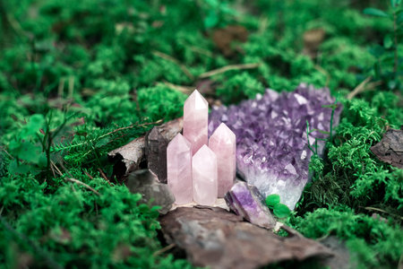 Natural crystal gems in magic forest, minerals with moss at woodland, self-discovery and spiritual...