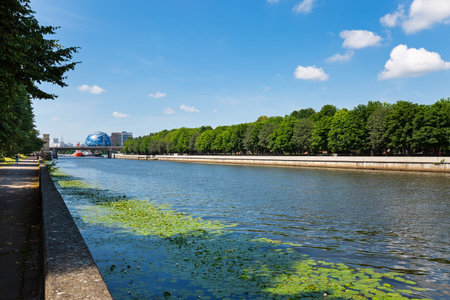 KALININGRAD, RUSSIA - July 7th, 2021: Koenigsberg city historical center with streets and Fishing...