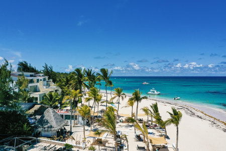 Caribbean sea coastline with Speed boat floating along tropical island with palm trees. Travel...