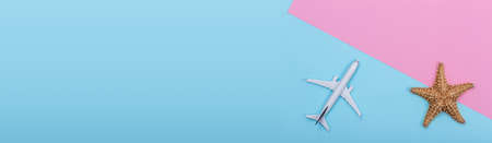 White blank model of passenger airplane and starfish on colored paper texture. long bannerの写真素材