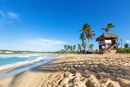 PUNTA CANA, DOMINICAN REPUBLIC - March 1th, 2019: Wild caribbean beach of Atlantic ocean with waves, travel destinations, playa Macao, Dominican Republicのeditorial素材