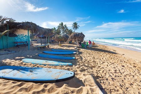 PUNTA CANA, DOMINICAN REPUBLIC - March 1th, 2019: Surfstation on Macao beach with surfboardsのeditorial素材