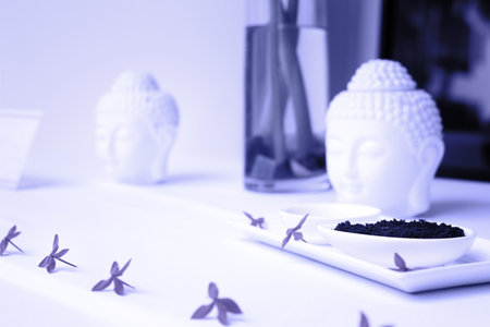 Welcome spa composition with exotic flowers and Buddha head statues. Massage and beauty salon in...