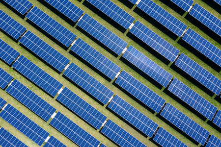 blue solar panels. Alternative green clean source of energy. Air top view