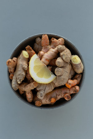 Natural support for the immune system, protection of viruses. Turmeric and ginger roots with lemon...