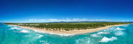 Wild tropical coastline with coconut palm trees and turquoise caribbean sea. beautiful travel destination. aerial panorama viewの写真素材
