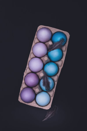 Happy easter holiday trendy card with gradient painted blue and violet eggs in eco-friendly...