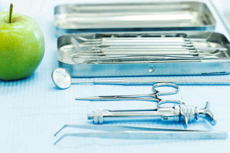 Set of dentistry medical equipment tools on stomatology tableの写真素材