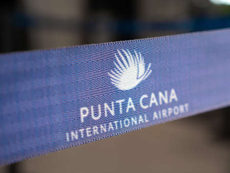 PUNTA CANA, DOMINICAN REPUBLIC - April 9th, 2022: Restriction belt for tourists in departure area in Punta Cana airport, no peopleのeditorial素材