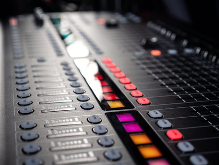 Sound audio mixer at record studio. close up