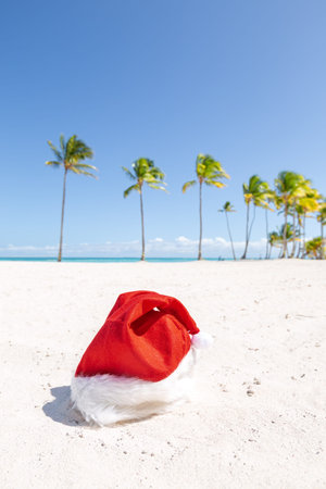 Tropical christmas background with Santa Claus red hat on sandy beachの写真素材