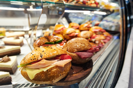 Fast food and snacks on sale at restaurants and cafes inside Istanbul Airport terminal mall, shallow depth