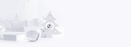 New Year product display, long banner. Podiums with glass spheres and stairs decorated Christmas toys, selective focus on objects, copy spaceの写真素材