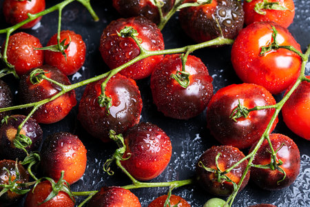Group of fresh picked cherry on branch. Top view black kumato tomatoes with water dropsの写真素材