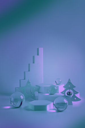 New Year product display background. Podiums with glass spheres and stairs colored greenery and lavender color decorated Christmas toys, selective focus on objects, copy spaceの写真素材