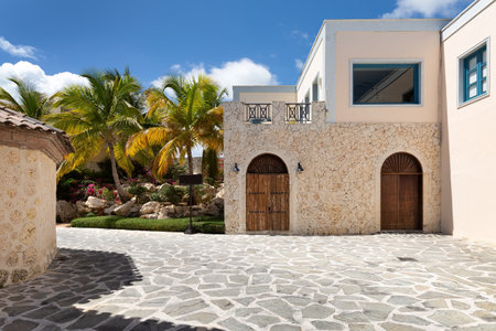 Empty streets in Cap Cana village with colorful houses, beautiful nature at sunny day. Luxury residence in Dominican Republicの写真素材