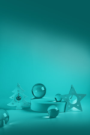 Christmas podium stands with decorations and glass spheres. New Year product display, selective focus on objects.の写真素材